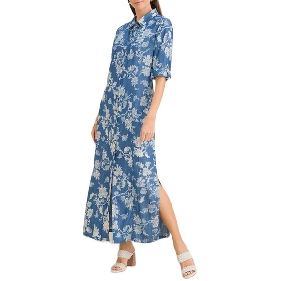 Chico’s Floral Print Denim Maxi Blue Shirt 3/4 Sleeve Dress Size 000 - Picture 1 of 12